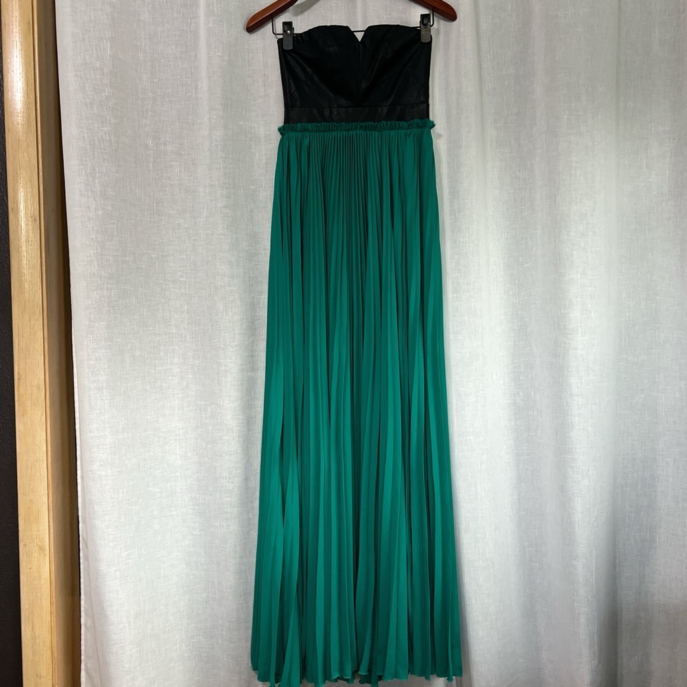 Vici Strapless Faux Black Leather Corset and Green Pleated Dress